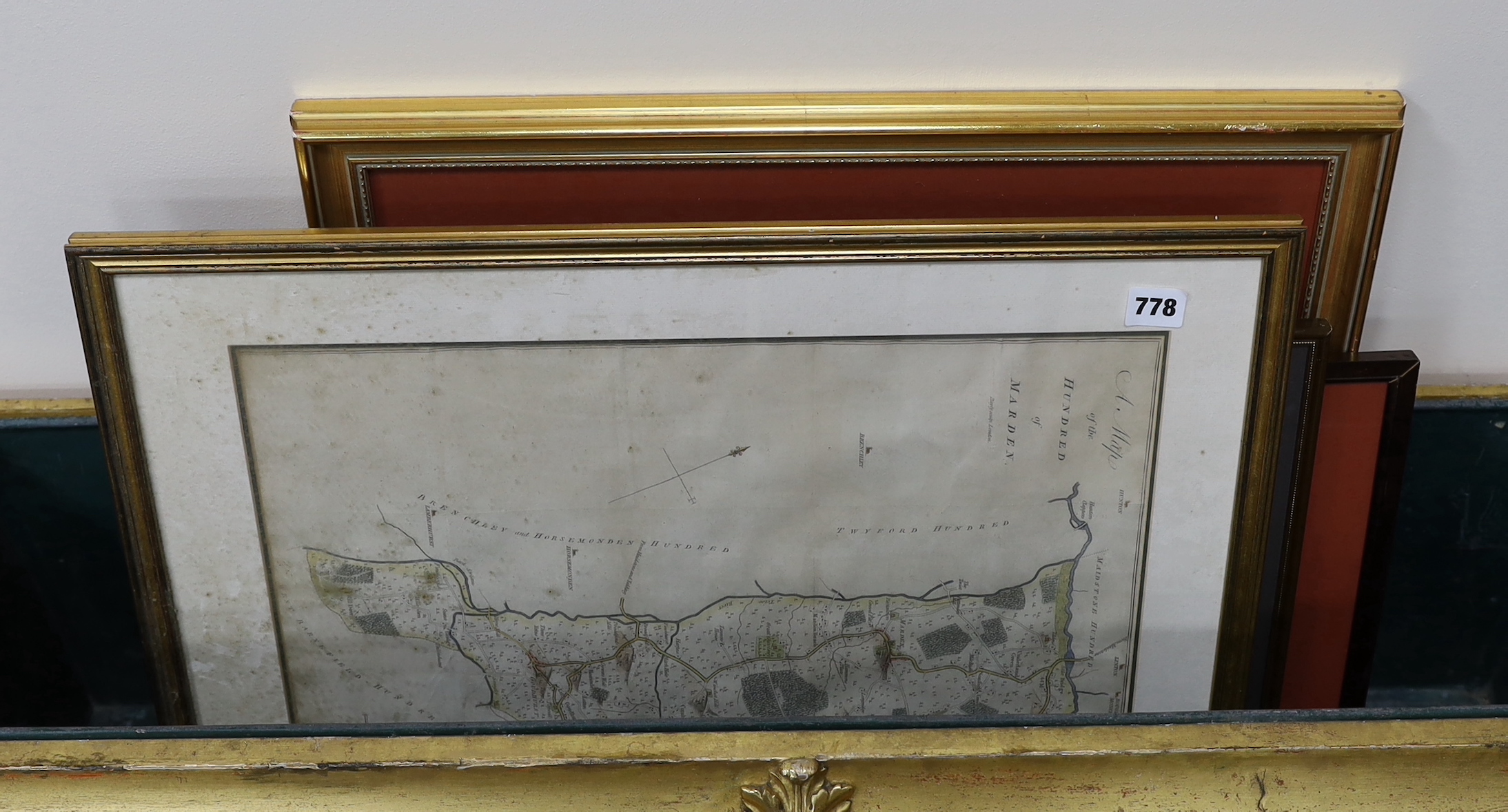 Six antique maps including Calcutta, publ. Chapman & Hall, 1842, England and North Wales by Henricus Hondius and Islands in The Indian Ocean by J Rapkin, publ. John Tallis, largest 48 x 38cm